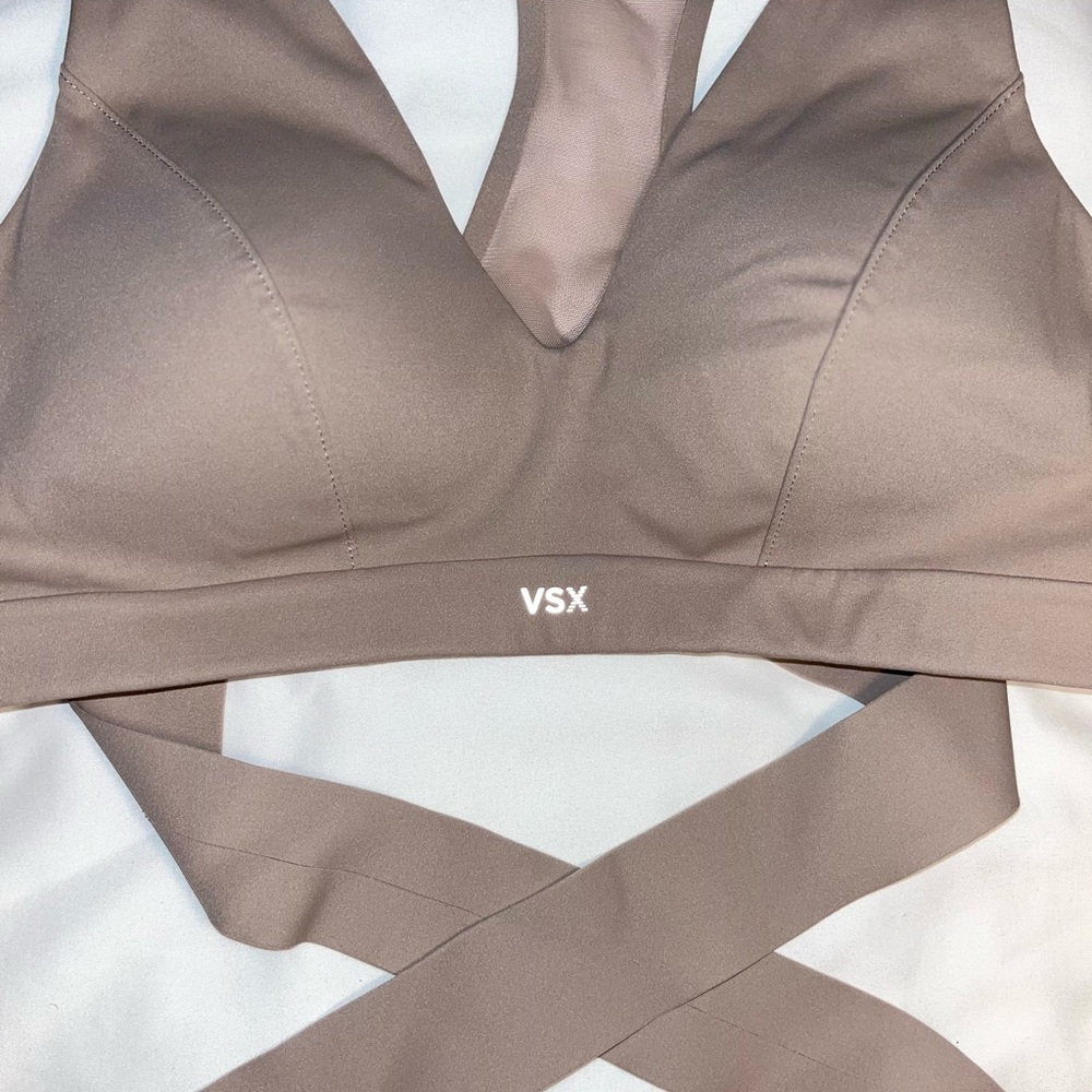 Victoria's Secret Small Taupe Deep V Taupe Sports Bra with waist cross-over tie - Picture 2 of 5